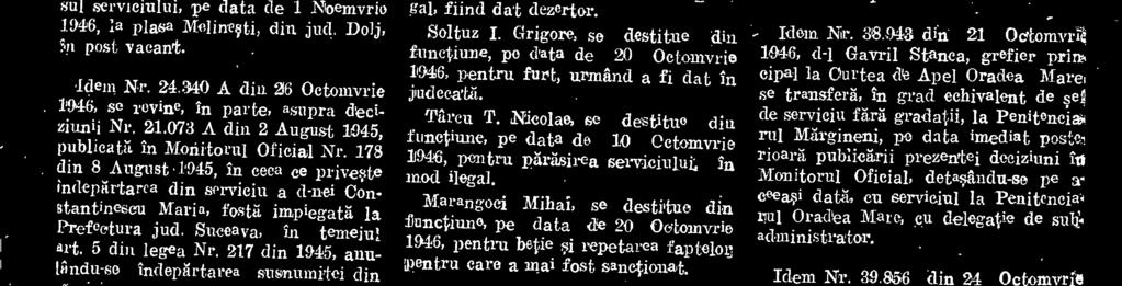 603 din 23 Oetomvrio 1946, gardienii publici notati mai jos, se destitue din funetiune, pentru fap'- tole ai datele arlitato In dreptul fie* ruia, dupii, cum unneaza: Miroiu Gli.