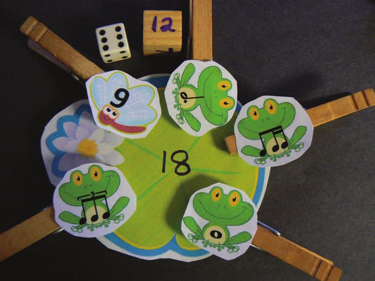 Below is a sample of what to do. I rolled a 6 and a 12. 6 + 12=18. Then I wrote the answer on the lily pad.