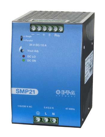 Switched mode power supply for DIN rail mounting type SMP2 DC24V/0A Description Switched mode power supply for rail mounting, with independent change-over of input voltages (AC 5/20 V), integral