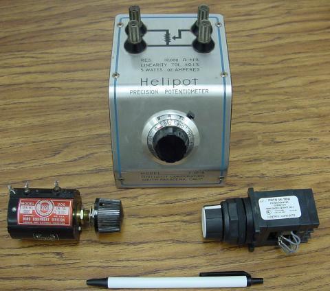 The large "Helipot" unit is a laboratory potentiometer designed for quick and easy connection to a circuit.