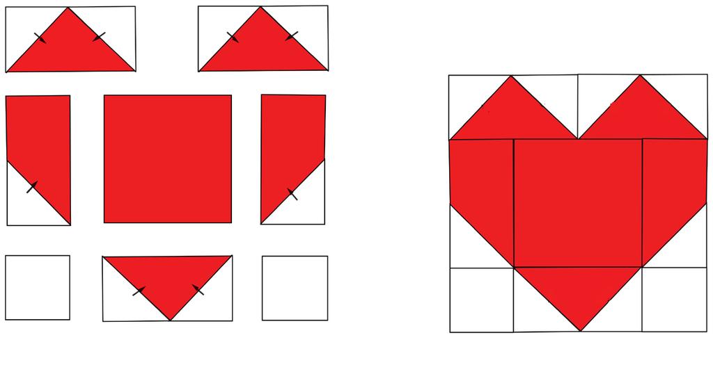 Heart Shape Block 1. Join one white HST (Shape 5) to each short edge of one dot print QST (Shape 4). Press the seams toward the dot print QST. Repeat to make three identical QST units. 2.