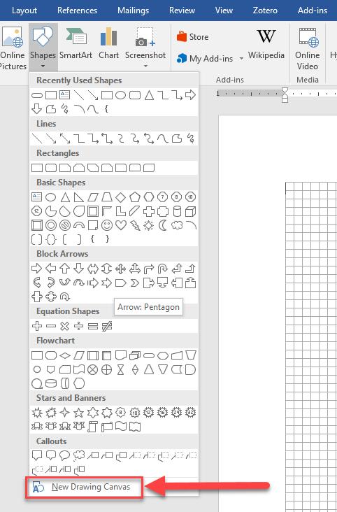Step 2: Create a Drawing Canvas on the grid by going to the INSERT tab on the ribbon under the Shapes section.
