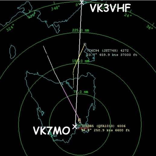 ADS-B Virtual Radar view of aircraft JST748 which produced the reflections shown on the waterfall.