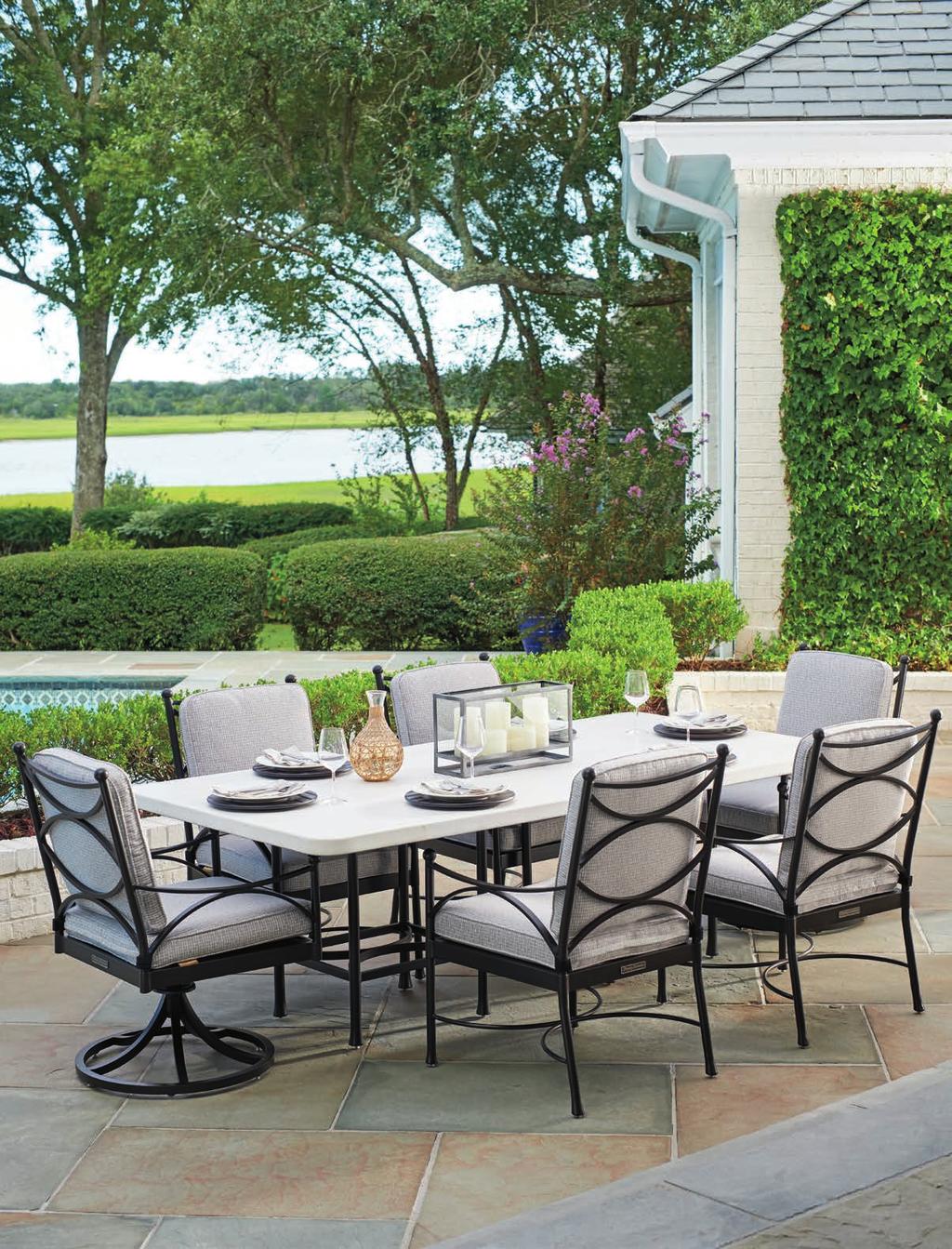 offers the flexibility of two dining table options. The 84-inch by 44-inch rectangular design comfortably accommodates six guests.