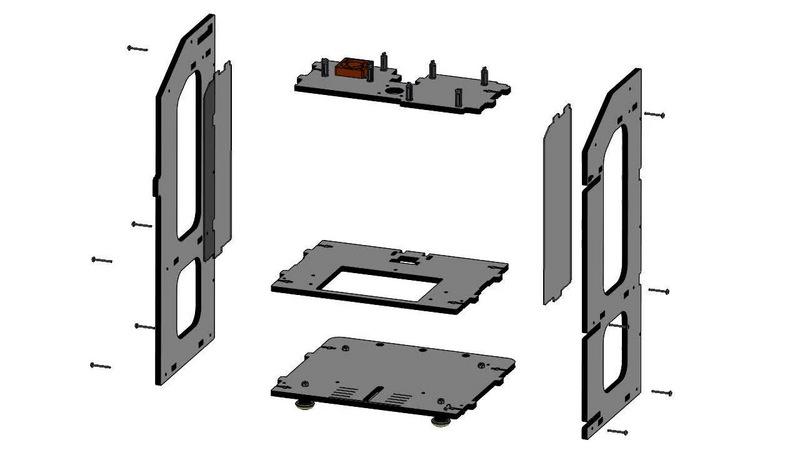 Step 5 Locate the following Parts: Left Side Panel, Right Side Panel, Base Plate, Vat Plate, Motor Plate, (2) Acrylic Side Windows, (10) 6-32 x 1" Phillips Pan Head Screws, and (10) 6-32 Nylon Lock
