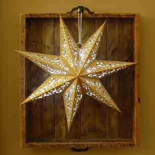 25 87203 Silver CONTENTS Includes: 3 Paper 7 pointed Star Lanterns of cardboard construction, die cut swirl designs, pull cord with cord lock to open star and hang.