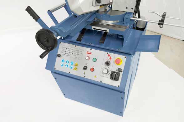 with the swivelling of the saw arm therefore the table suffers no damage when cutting angles Bandsaw blade guiding via combined roll-jaw guide system with carbide inserts Robust construction ensures