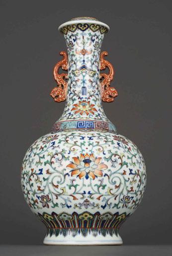 hk A fine doucai lotus vase with kuilong- shaped handles, Qianlong mark and period (1736-1795), H: 41cm Estimate: HK$6,000,000-8,000,000/ US$774,000-1,032,000 Tokyo Chuo Auction Hong Kong will hold