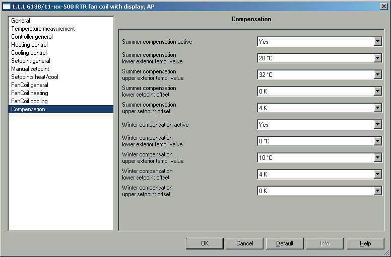 3.2.16 Parameter window "Compensation" Summer compensation active Options: - Yes - No To save energy and to maintain a reasonable temperature differential when entering an air-conditioned building,