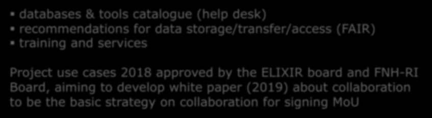 FNH-RI and ELIXIR databases & tools catalogue (help desk) recommendations for data storage/transfer/access (FAIR) training and services Project use cases 2018