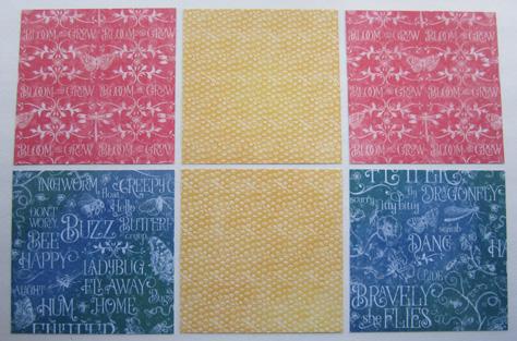 Lay the six 6 x 6 chipboard squares out into two rows of three. Cover the chipboard with the papers shown.