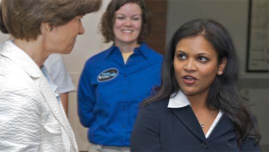 Aerospace engineer Shubha Barriga, who works for Honeywell Technical Solutions, Inc., talks with Dr. Sally Ride.
