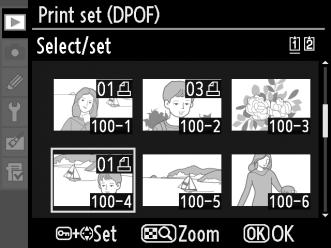 Creating a DPOF Print Order: Print Set The [Print set (DPOF)] option in the playback menu is used to create digital print orders for PictBridge-compatible printers and devices that support DPOF.