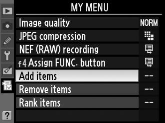 O My Menu: Creating a Custom Menu The [My Menu] option can be used to create and edit a customized list of options from the playback, shooting, Custom