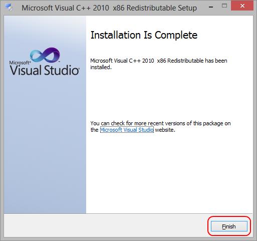 Microsoft Visual C++ 2010 x86 Redistributable installation is complete, click on Finish Click on Yes to start the installation of the.