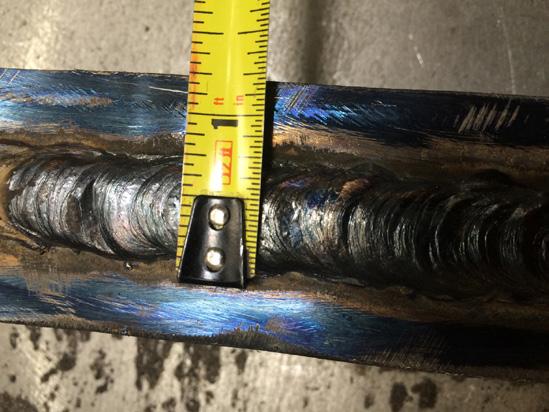An example of a heavy weld showing the height that is well suited for grinding wheels and coarse grit fiber discs. 44 An example of a small weld with a width less than ½ in.