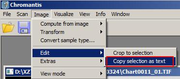 Copy selection as text The user can select a region on the source image by pressing und dragging the mouse, then click Image Edit Copy selection as text, the values of the first channel of the region