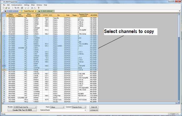 ARRL TravelPlus* 191 Select a group of channels. Point your mouse at the CHANNEL NUMBER (the grey shaded column on the left) and left click.