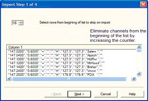 Importing a file 217 Import Step 1 of 4: Identify one or more of the first rows of data to be omitted This screen was used originally to omit headers, columns without data, from the import.