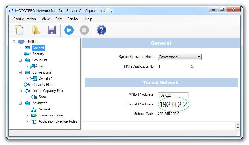 3. In the MNIS interface field enter the same address as it is in the Tunnel IP Address of MOTOTRBO Network Interface Service Configuration Utility. 4.