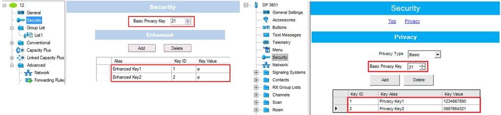 2. In the Security section set the encryption keys that match the keys specified in the radio MOTOTRBO CPS settings. 3.