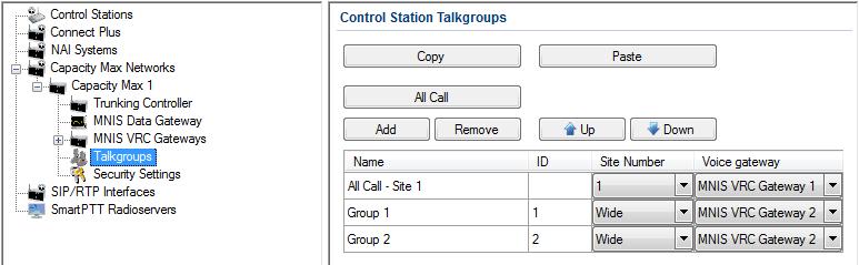 Talkgroups To configure Capacity Max talkgroups, click Talkgroups. At that the following window opens. To add a talkgroup, click Add. To add an All Call, click All Call.
