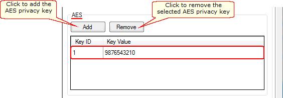 AES Privacy To configure the AES privacy, perform the following actions: 1. In the Security Settings window of SmartPTT Radioserver Configurator add an AES privacy key for incoming traffic.