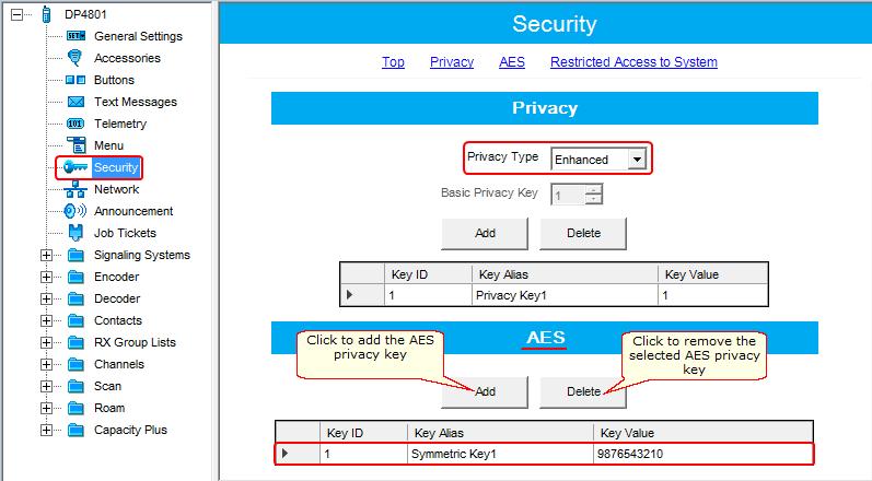 2. In the Security window of the radio settings in MOTOTRBO CPS in the Privacy Type field select Enhanced and add the AES privacy key.