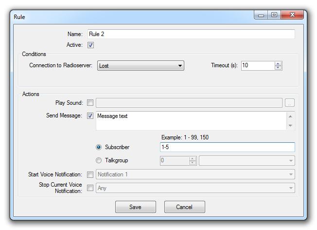 To create a new rule for events on SmartPTT Dispatcher, click Events on Dispatcher and then click Add. To change the existing rule, click Modify or double-click on the rule name in the list of rules.