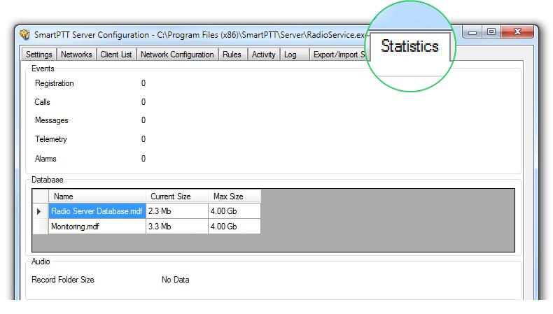 Statistics The Statistics tab demonstrates you the following information: The total number of events on the radioserver (the Events field).