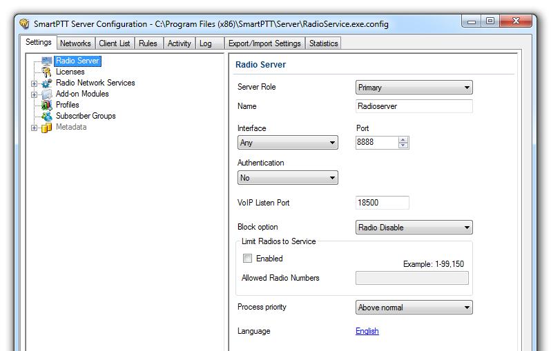 SmartPTT Radioserver Configurator Settings In this tab you can configure the general settings of SmartPTT Radioserver: Radioserver, Licenses, Radio network services, Add-on Modules, Profiles,