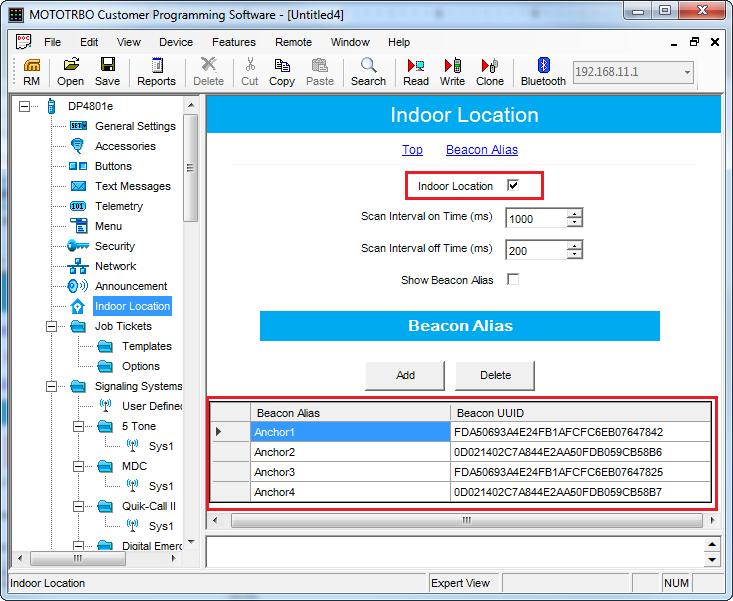 To activate and configure the Indoor Location mode, click Indoor Location in the settings tree on the left, select Indoor Location in the tab that opened and add the beacons by specifying the names