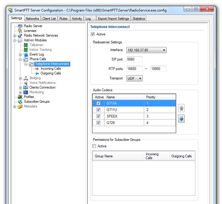 Configuring SmartPTT Radioserver To configure SmartPTT Radioserver settings, go to SmartPTT Radioserver Configurator and select Telephone Interconnect as shown on the picture. Warning!