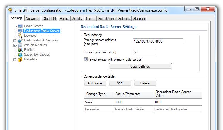 2. Click Redundant Radio Server and in the Redundant Radio Server Settings window configure the required settings.