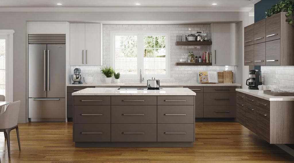 island and back base cabinets: Suede Stone back wall cabinets: Suede White wall and base cabinets, right side: Linea Vail The richly textured surfaces of the Linea series combined with the soft,