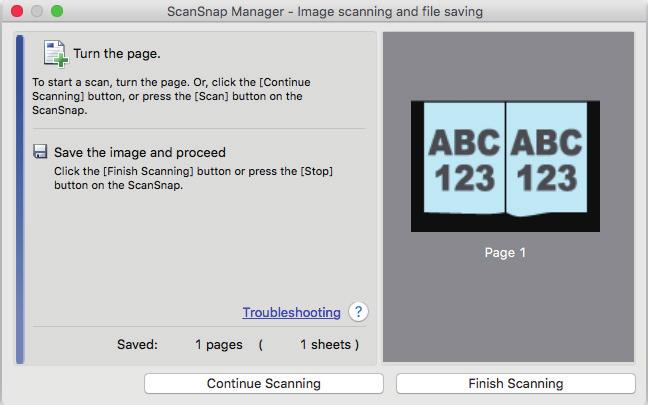 a The [ScanSnap Manager - Image scanning and file saving] window appears. a Once the scanning of the book page is complete, [Turn the page.