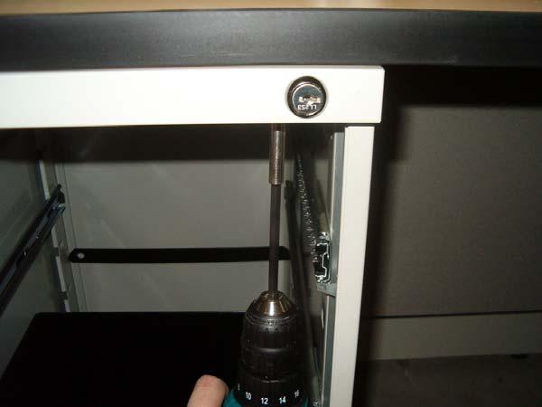 Align pedestal flush with front of worksurface and screw to worksurface with screws labeled For worksurfaces.