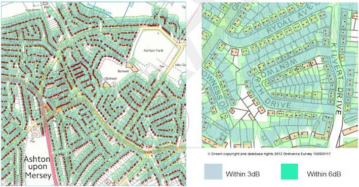 ECC REPORT 239 - Page 48 Figure 30: Sample suburban area mapping with 3 db and 6 db minimum coupling footprints overlaid For the 1 km 2 area shown, 0.4075 km 2 falls within the 3 db footprint and 0.