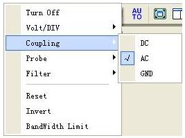 If you set the coupling to DC, it blocks the AC component of the input signal. Probe Attenuation Setting Select the attenuation factor for the probe.