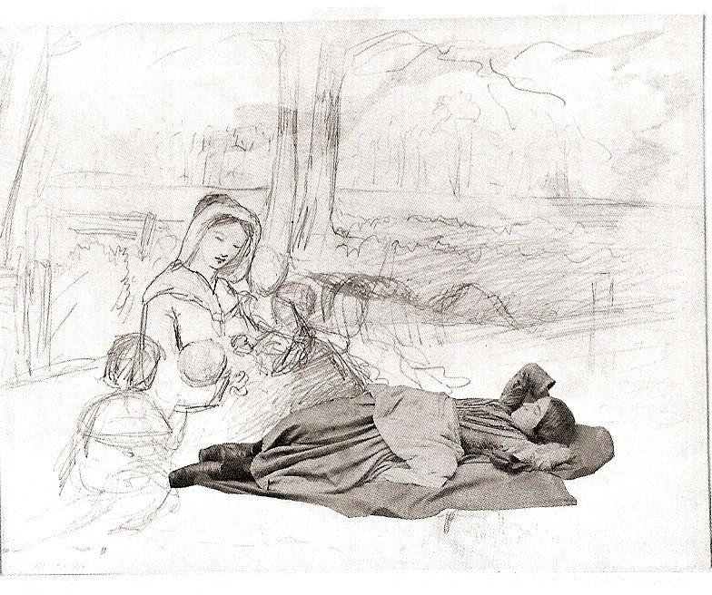 Henry Peach Robinson. (A painter first, then a photographer.) Group with Recumbent Figure (Sketch with cut-out) 1860.