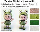 3 inches) tall without frog s eyes using the materials stated in the pattern. Happy crocheting! Materials and tools Doll in a frog outfit Any yarn in skin, green, bright green and white colors.