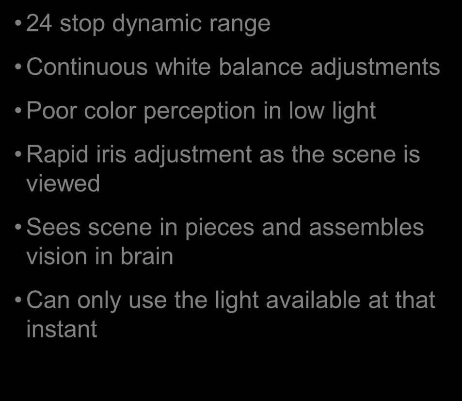 darkness 24 stop dynamic range Continuous white balance adjustments Poor color perception in low light Rapid iris
