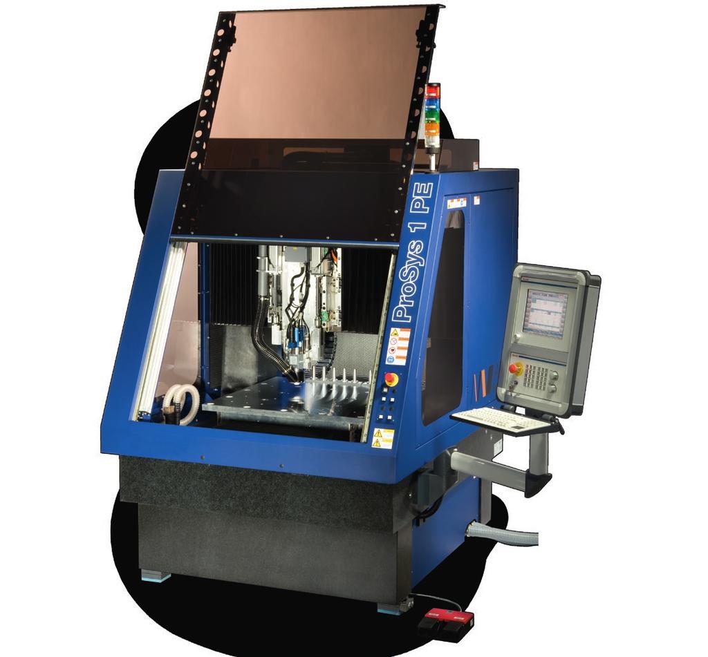 CNC-controlled precision-hsc-milling machine for chipping of varying materials under dry processing conditions. The ProSys 1 PE is a fully encapsulated compact flatbed HSC-processing center.
