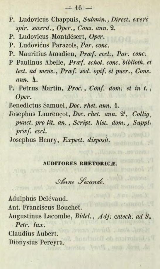 _..:. :1.6 P. Ludovicrls Ch~ppuis, Submin._, Direct. e.xerl spir. sacerd._, Oper._, Cons. ann. 2. P ~ Ludovicus 1\'Iontdésert, Oper. p. Ludoviéus Parazols, Par. conc. P. Mauritius Amadieu, Prte{.