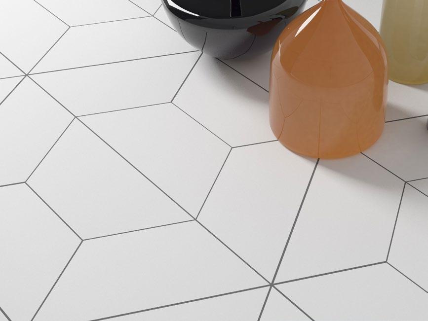 CODE Glazed Porcelain Trapezoid-shaped tiles allow for unique and interesting compositions.