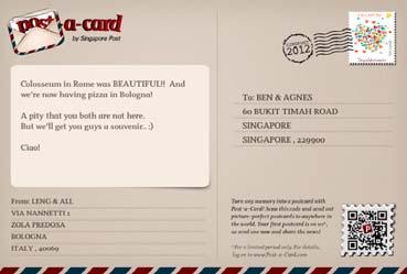 The 4 inch x 6 inch high quality glossy postcard is printed and delivered by SingPost to the addressee either in Singapore or anywhere in the world.