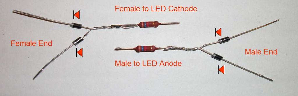 4. Assemble the male and female end rectifier components (2 x diodes, 1 x resistor for each end). Tin the ends and solder the diodes together and the resistor in place.