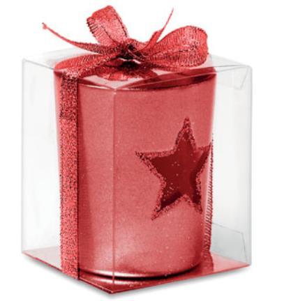 Glass candle holder with glitter covered star shape.