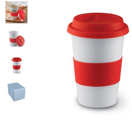 Single walled ceramic mug with silicone lid and wrap band. 400ml capacity. Not suitable for microwave use.
