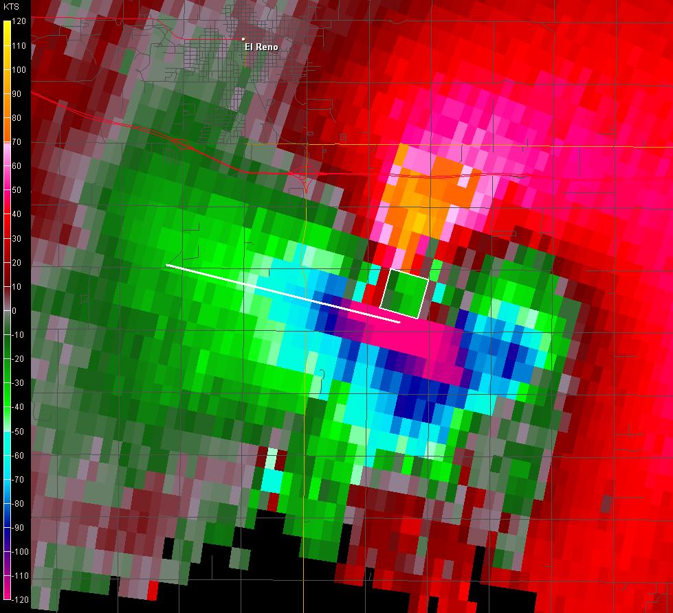 Above: The white line denotes a constant radial along which dealiasing is explicitly explained. The white rectangle indicates the likely center of the tornado.